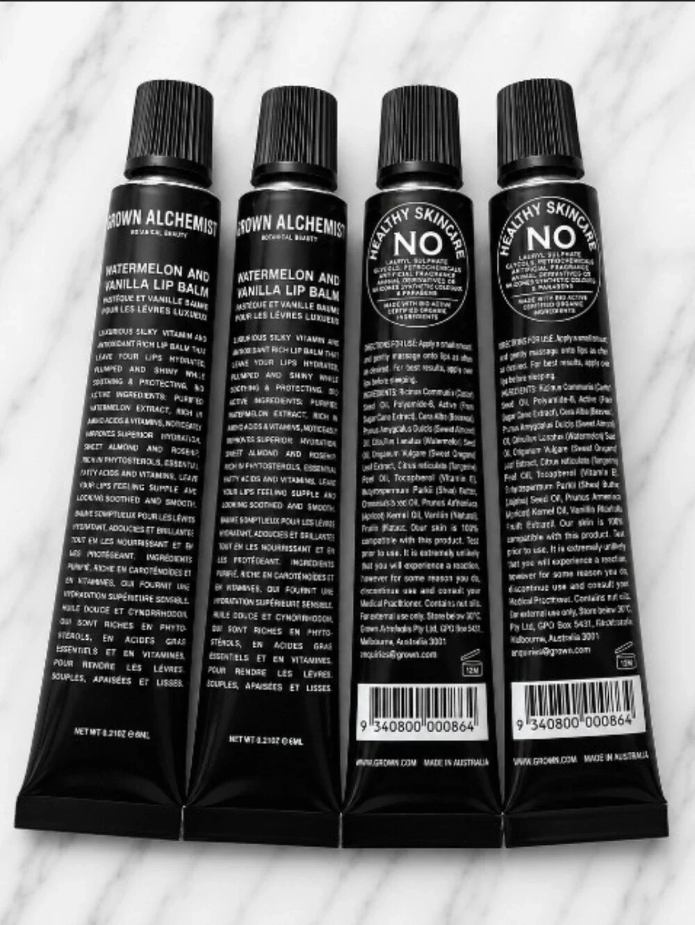 4 tubes Grown Alchemist WATERMELON AND VANILLA Lip Balm .21 oz each = .84 oz NEW